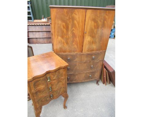 Georg III style mahogany tall boy, with 2 figured panel doors above 3 cockbeaded drawers on short cabriole legs W79cm D51cm H