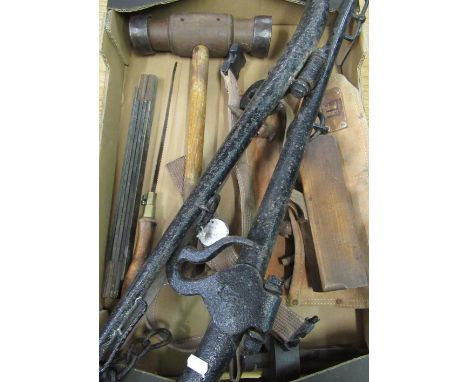 Early C20th pair of horses Hames , wheelwright hammer with cast iron rings, folding carpenters rule, marking gauge and other 