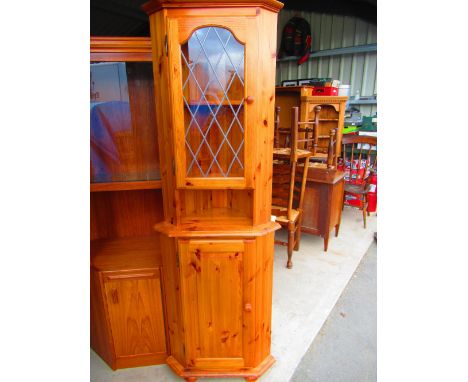 Pine corner unit with one glass door above one panel door W62cm D40cm H185cm 