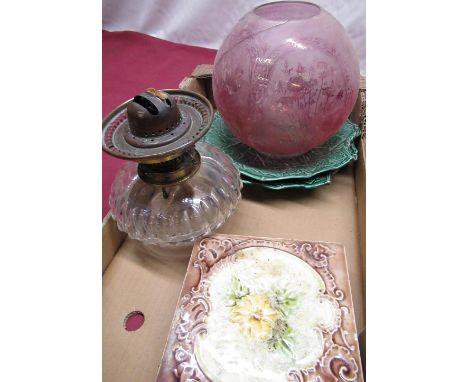 Victorian Hink's no.2 Duplex oil lamp base with etched cranberry tinted shade (AF) three Victorian fireplace tiles, pair of V