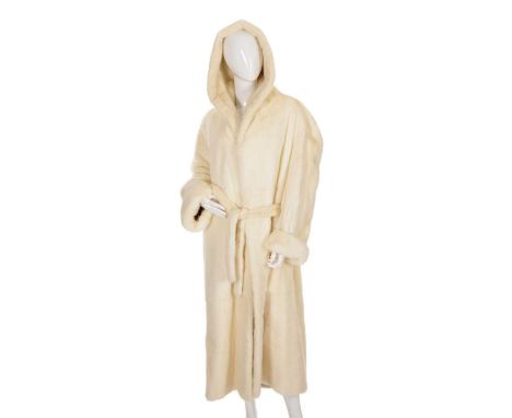 A men's full-length white mink hooded coat, featuring hook and eye fastenings and waist belt tie, large fur-lined hood, cockt