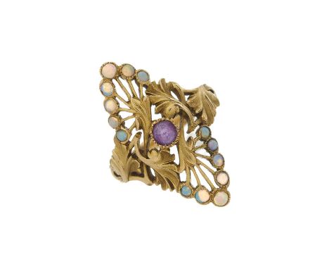 Antoine Bricteux (attributed), an Art Nouveau 18ct gold amethyst and opal foliate dress ring, French assay marks, partially i