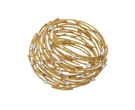 Andrew Grima, a 1960s 18ct gold diamond brooch, designed as a stylised bird nest, with brilliant-cut diamond highlights, sign
