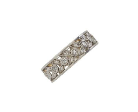 A platinum single-cut diamond foliate openwork band ring, estimated total diamond weight 0.30ct, ring size Q, 4.3gOverall goo