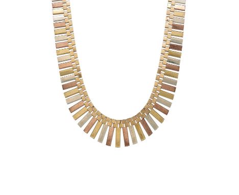 A mid 20th century 9ct tri-colour gold graduated fringe necklace, with partially hidden clasp, hallmarks for Birmingham 1963,