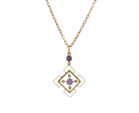 An early 20th century 9ct gold amethyst and split pearl openwork pendant, with chain, pendant stamped 9ct, chain with import 