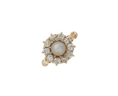A late Victorian gold pearl and old-cut diamond cluster ring, pearl measures approximately 5.8mm, estimated total diamond wei