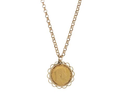 Edward VII, a gold full sovereign coin, dated 1906, within a 9ct gold pendant mount, suspended from a 9ct gold belcher-link c