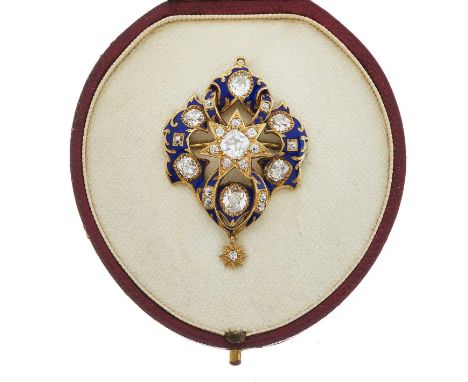 A late Victorian gold, old-cut diamond star pendant brooch, with similarly-cut diamond accent blue enamel surround, suspendin