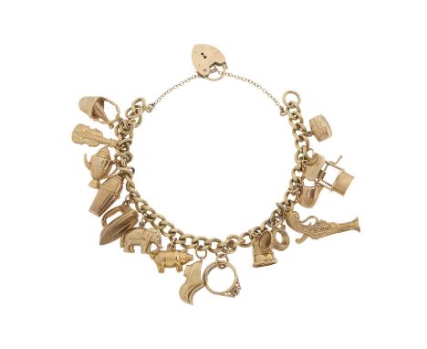A 9ct gold charm bracelet, suspending fifteen charms, padlock and charms with hallmarks for 9ct gold, length 18.2cm, total we