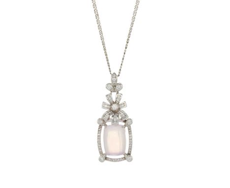 An 18ct gold rose quartz and diamond floral pendant, with chain, estimated total diamond weight 0.65ct, foreign marks to chai