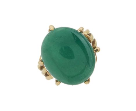 An 18ct gold green gem cabochon single-stone dress ring, ring size N, 10.9gOverall good conditionLength of ring head 2cmGreen
