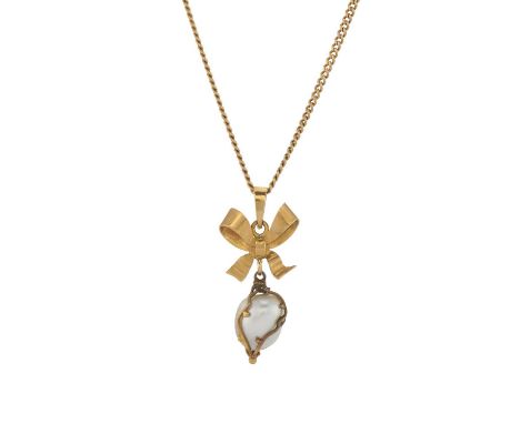 An 18ct gold pearl pendant, with bow surmount, suspended from an 18ct gold chain, pendant stamped 18k, chain stamped 750, len