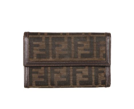 Fendi, a Zucca trifold wallet, crafted from tobacco brown FF monogram canvas with smooth brown leather trim, featuring front 