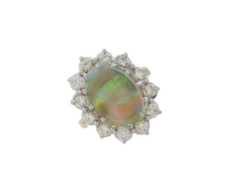 An 18ct gold opal cabochon and brilliant-cut diamond cluster ring, opal estimated weight 2.50ct, estimated total diamond weig