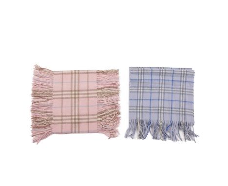 Burberry, two Nova Check lambswool scarves, to include a light blue scarf with fringe detailing at either end, and a rose pin