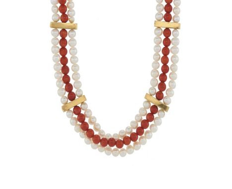 A set of 18ct gold coral and pearl jewellery, to include a necklace, a bracelet and a pair of earrings, all with gold fitting