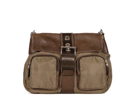 Prada, a crossbody Flap Buckle bag, designed with a khaki green nylon and brown leather exterior, with polished silver-tone h