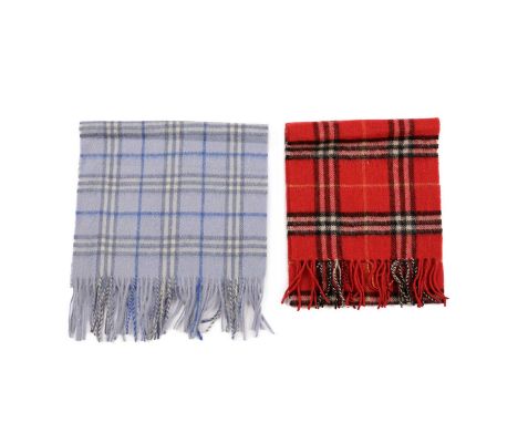 Burberry, two Nova Check lambswool scarves, to include a light blue scarf and a red scarf, both with fringe detailing at eith