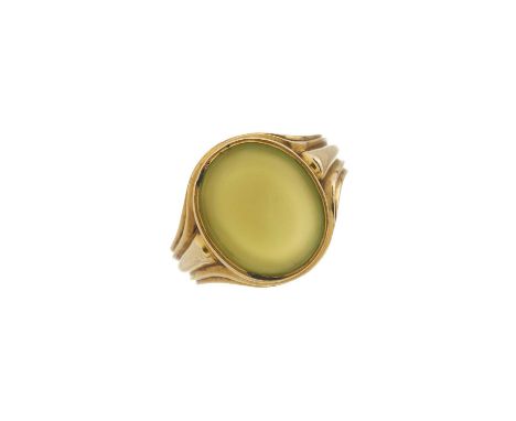 A mid Victorian 18ct gold green agate signet ring, with grooved band, hallmarks for Birmingham 1870, ring size P1/2, 7.8gOver