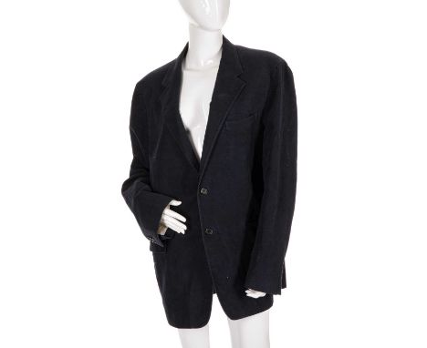 Prada, a men's navy blue cotton jacket, featuring front button fastenings, three outer pockets, and three inner side pockets,