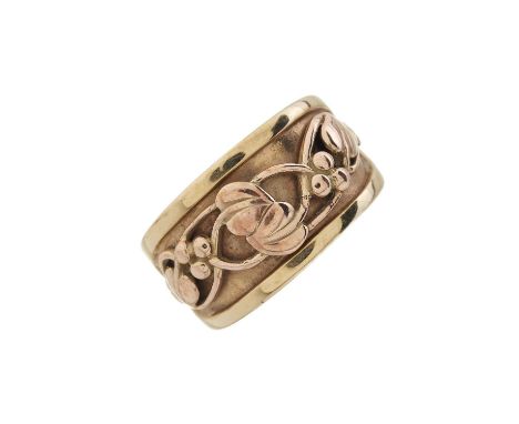 Clogau, a 9ct gold Tree of Life band ring, with tri-colour foliate inlay, maker's marks for Clogau, hallmarks for Sheffield 1
