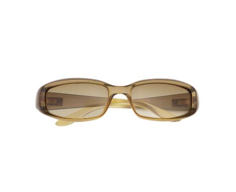Gucci, a pair of vintage sunglasses, designed with rectangular-shaped brown gradient lenses, brown acetate frames with a gold