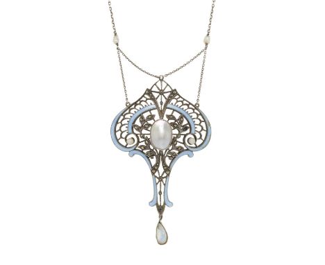 A large Arts & Crafts silver, enamel, pearl and marcasite openwork pendant, stamped sterling, length of pendant 8cm, length o