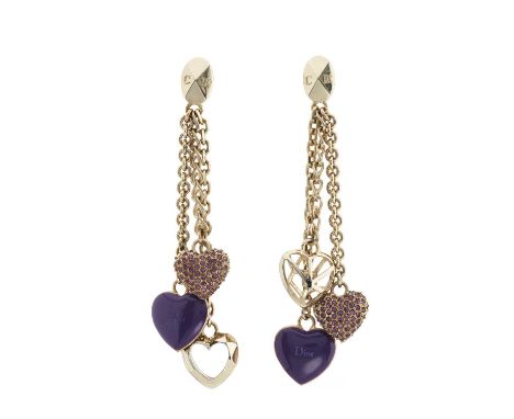 Christian Dior, a pair of multi-chain heart drop earrings, featuring a pierced heart charm, a purple enamel heart charm, and 