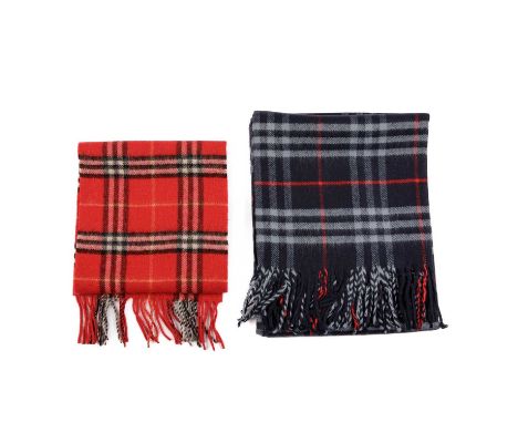 Burberry, a Nova Check lambswool shawl and scarf, to include a navy blue shawl and a red scarf, both with fringe detailing at