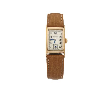 Omega, an Art Deco gold Tank wrist watch, circa 1934, signed manual wind movement calibre T17, serial 8568386, fitted to an u