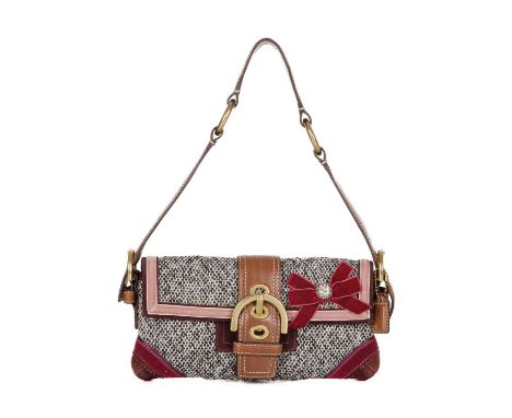 Coach, a Soho tweed baguette handbag, featuring velvet edge detailing, tan leather trim, brushed gold-tone hardware, single l