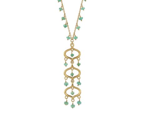 An 18ct gold emerald briolette tiered drop pendant, suspended from a similarly-set chain, hallmarks for Sheffield, length of 