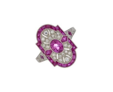 A platinum ruby and single-cut diamond openwork dress ring, with calibre-cut ruby border and similarly-set shoulders, princip