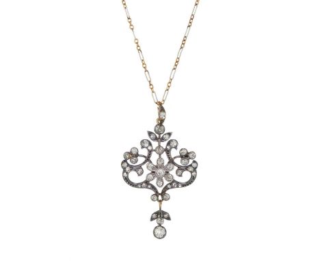 A Belle Epoque silver and gold, old and rose-cut diamond pendant, suspended from an 18ct gold bi-colour chain, estimated tota