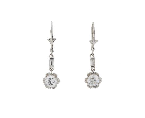 A pair of brilliant-cut diamond drop earrings, with rectangular-shape diamond surmount, estimated total diamond weight 1ct, H