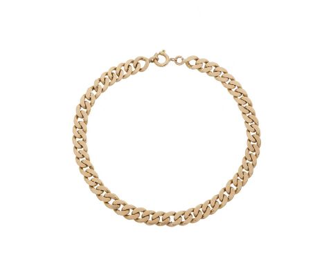 A gold flat curb-link bracelet, with spring ring clasp, length 19.5cm, 14.9gOverall good conditionSome light marks, in keepin