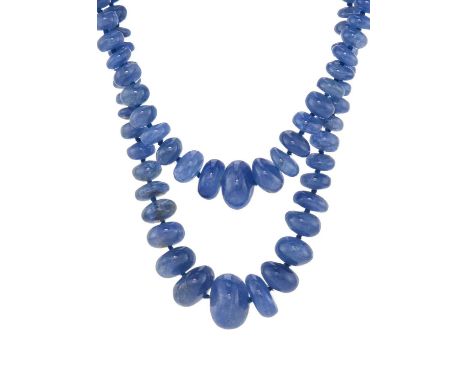 An Art Deco graduated sapphire bead two-row necklace, with platinum circular-cut diamond clasp, approximate diameter of sapph