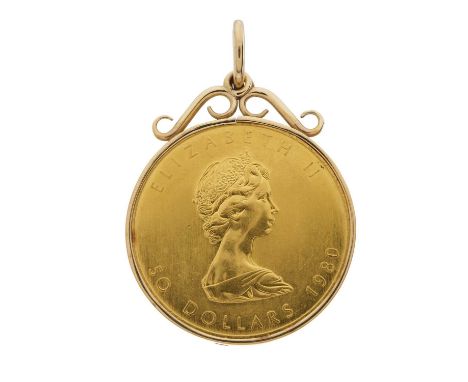 Elizabeth II, a 24ct gold Canadian fifty dollar coin, mounted as a 9ct gold pendant, length 4.5cm, total weight 34.1gOverall 