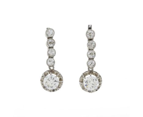 A pair of early 20th century platinum old-cut diamond drop earrings, estimated total diamond weight 2.20ct, principal two dia