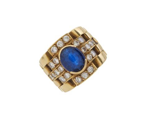 An 18ct gold blue paste and diamond tapered band ring, estimated total diamond weight 0.80ct, partial marks to outside of ban