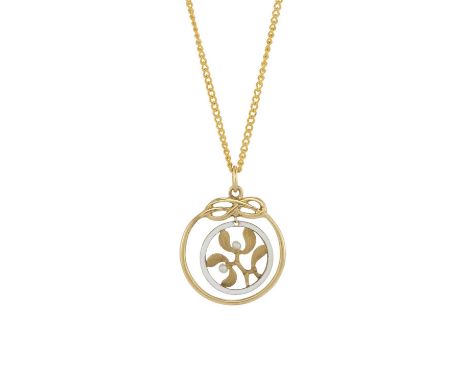 An Art Nouveau 18ct gold white enamel and seed pearl pendant, suspended from a later yellow metal chain, pendant stamped 18k,