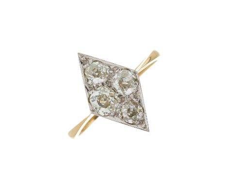 An Edwardian 18ct gold old-cut diamond kite-shape cluster ring, estimated total diamond weight 0.70ct, I-J colour, VS2-SI2 cl