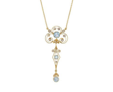 An Edwardian 18ct gold aquamarine and pearl openwork necklace, length of pendant 5.3cm, length of necklace 39cm, 5.3gOverall 