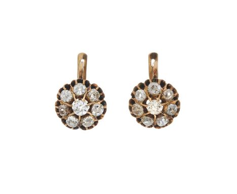 A pair of late 19th century Russian gold old-cut diamond cluster earrings, estimated total diamond weight 2ct, K-L colour, VS
