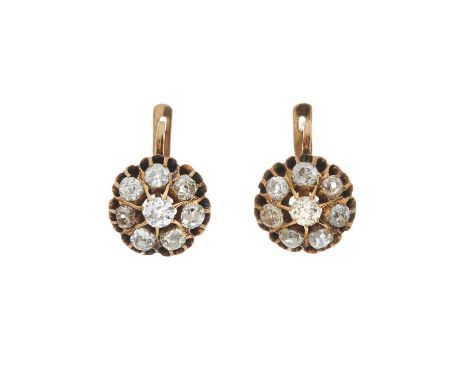 A pair of late 19th century Russian gold old-cut diamond cluster earrings, estimated total diamond weight 2ct, K-L colour, VS