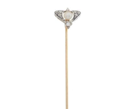 A Belle Epoque platinum and gold, pearl and diamond stickpin, with black enamel floral sides, length of stickpin head 1.2cm, 