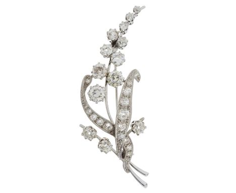 A mid 20th century 18ct gold diamond floral spray brooch, estimated total diamond weight 5ct, H-J colour, predominantly VS2-S