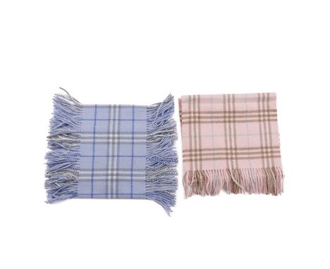 Burberry, two Nova Check lambswool scarves, to include a rose pink scarf with fringe detailing at either end, and a light blu