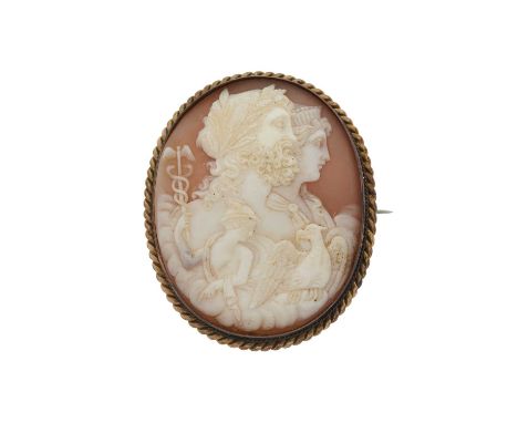 An early to mid 20th century shell cameo brooch, carved to depict Zeus, Hera and Hermes, length 3.8cm, 9.7gOverall good condi